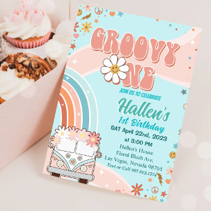 Convite Groovy One Retro Daisy Rainbow Primeiro Aniversári