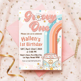 Convite Groovy One Retro Daisy Rainbow Primeiro Aniversári