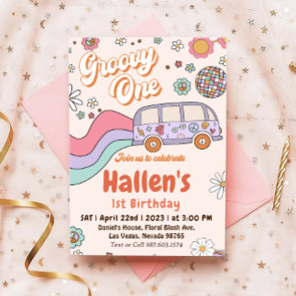 Convite Groovy One Retro Daisy Rainbow Primeiro Aniversári