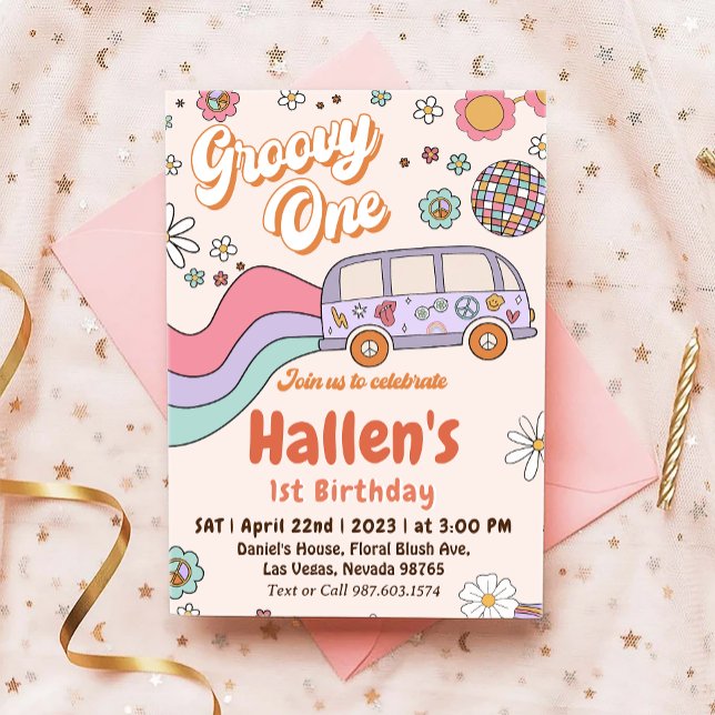 Convite Groovy One Retro Daisy Rainbow Primeiro Aniversári (Criador carregado)