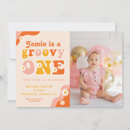 Convite Groovy One Retro First Birthday Photo Invitation