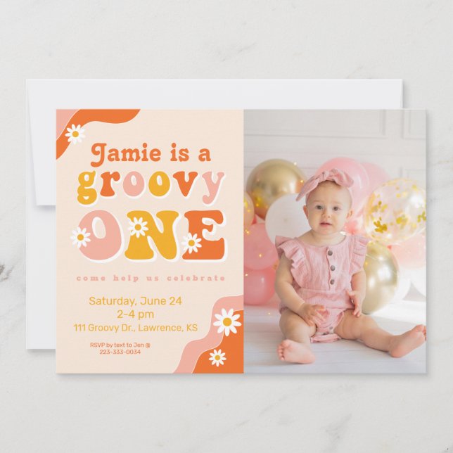 Convite Groovy One Retro First Birthday Photo Invitation (Frente)