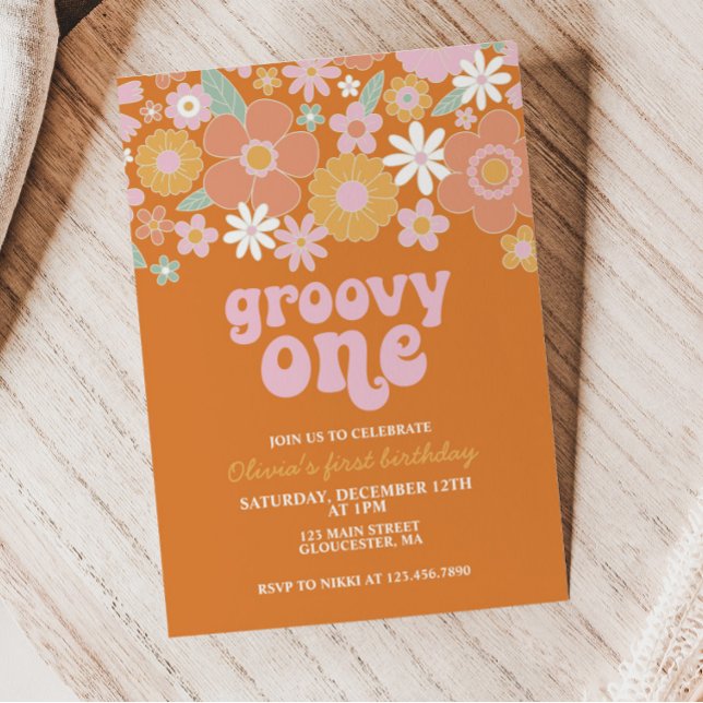 Convite Groovy One Retro Floral primeiro aniversário (Criador carregado)