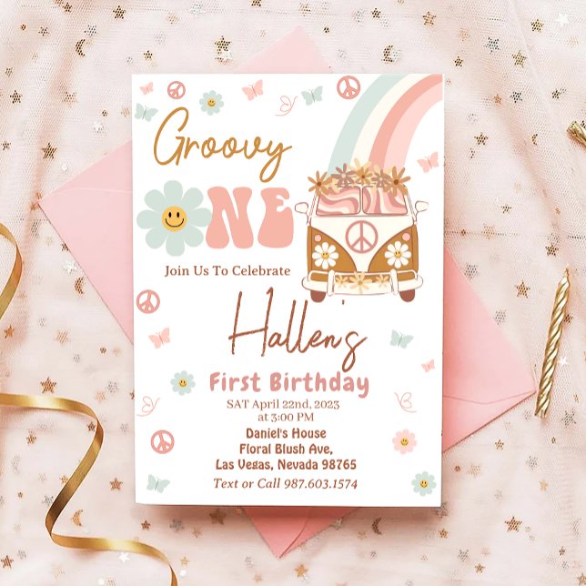 Convite Groovy One Retro Rainbow Primeiro Aniversário (Criador carregado)