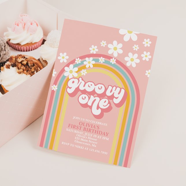 Convite Groovy One Retro Rainbow primeiro aniversario (Criador carregado)