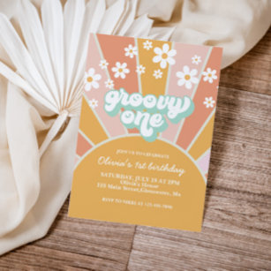 Convite Groovy One Retro Sunshine Daisy boho floral Invita