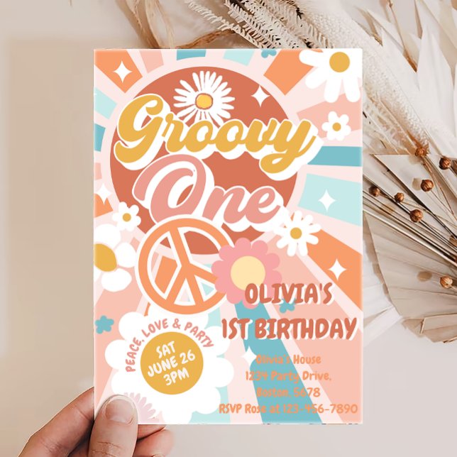 Convite Groovy One Retro Sunshine Daisy Boho primeiro aniv (Criador carregado)