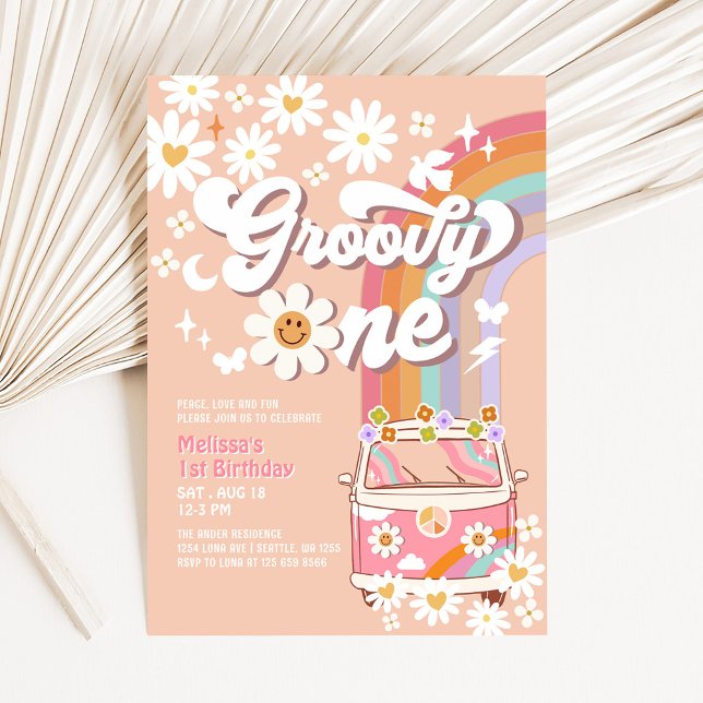 Convite Groovy ONE Rosa Margarida Arco-Íris Hippie 1º Aniv (Criador carregado)
