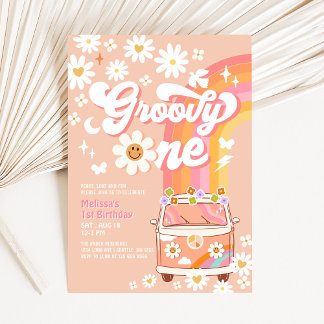Convite Groovy One Van Peach Daisy primeiro aniversario Ar