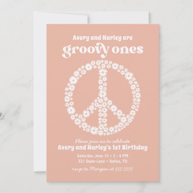 Convite Groovy Ones 70s Pink Daisy primeiro aniversario Pa (Frente)