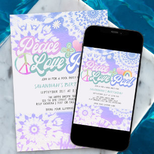 Convite Groovy Pastel Tie Dye Paz Amor Festa na Piscina