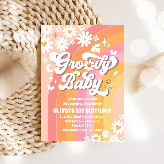 Convite Groovy Rainbow 1st Birthday Invitation (Criador carregado)