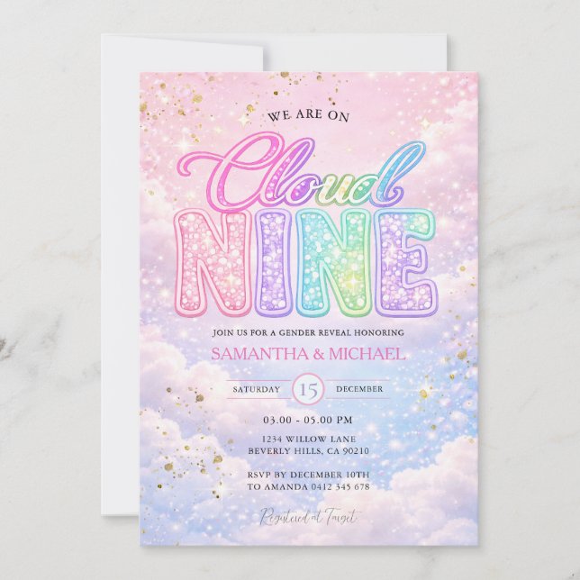 Convite Groovy Rainbow Cloud Nine Glitter Gender Reveal  (Frente)