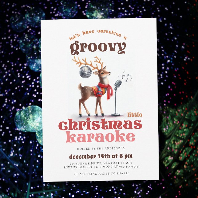 Convite Groovy Reindeer Karaoke Festa de Natal Encantada (groovy little christmas karaoke party hippie disco reindeer 70s nostalgia retro vintage invitation)