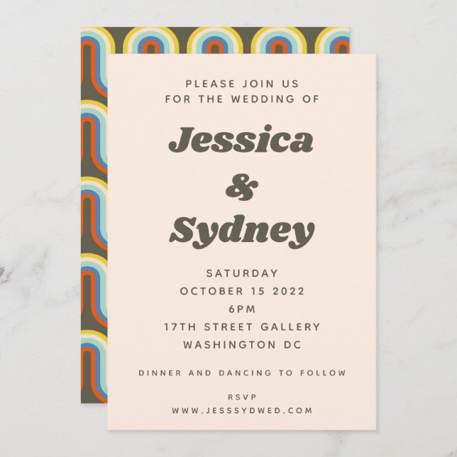 Convite Groovy Retro 60s 70s Casamento Estético de Oliva V (Frente/Verso)