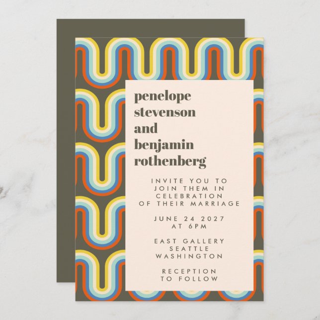 Convite Groovy Retro 60s 70s Linha Arte Verde Casamento Ve (Frente/Verso)