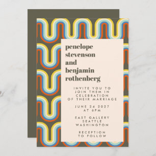 Convite Groovy Retro 60s 70s Linha Arte Verde Casamento Ve