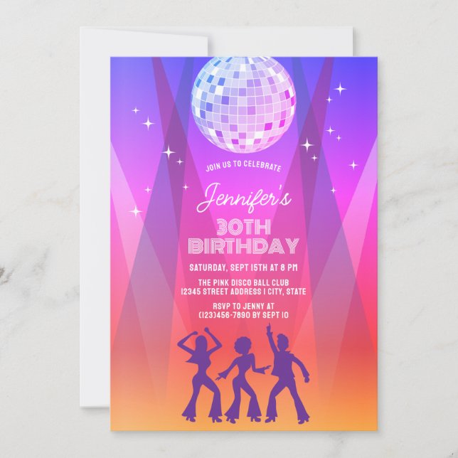 Convite Groovy Retro 70s 80s Disco 30th Birthday Party (Frente)