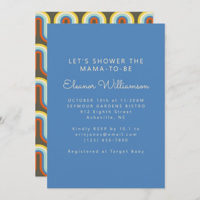 Convite Groovy Retro 70s Azul Azul Azul Azul Azul Chá Bebê (Frente/Verso)