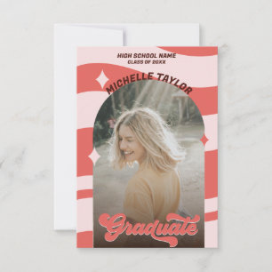 Convite Groovy Retro 70s Graduation Red Vintage Arch