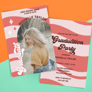 Convite Groovy Retro 70s Graduation Red Vintage Arch