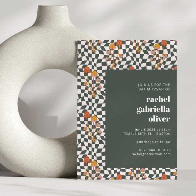 Convite Groovy Retro Boho Green Checkerboard Bat Mitzvah (Criador carregado)