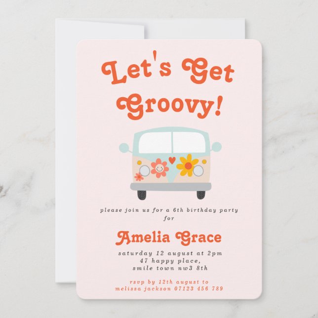 Convite Groovy Retro Camper Van Qualquer Rapariga Idade An (Frente)
