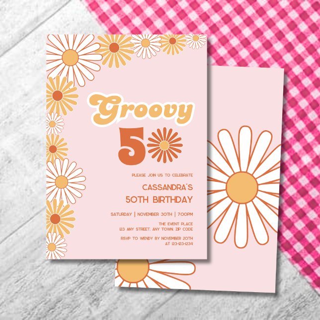 Convite Groovy Retro Daisy Boho Orange Pink Birthday (Criador carregado)