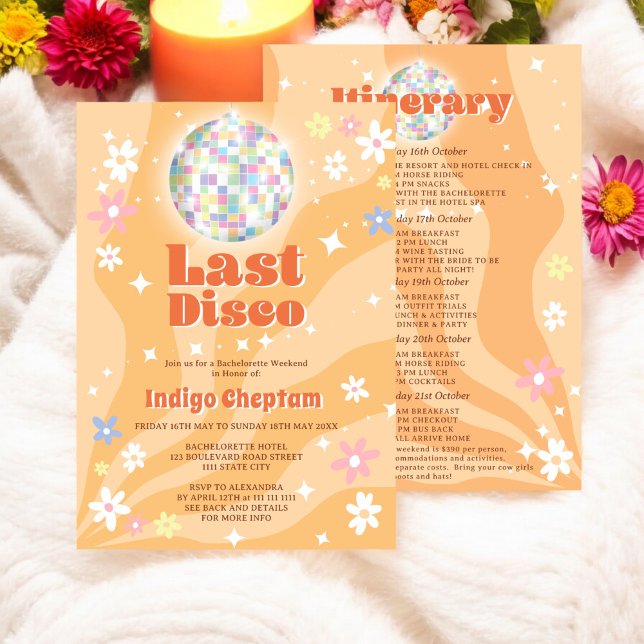 Convite Groovy retro disco floral bachelorette fim de sema (Groovy retro disco floral bachelorette weekend invitation)