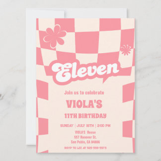Convite Groovy Retro Eleven Pink 11 aniversário