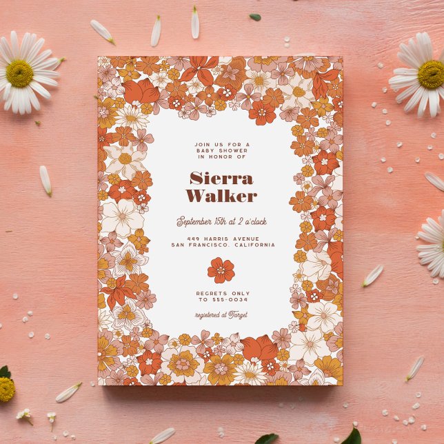 Convite Groovy Retro Hippie Chá de fraldas Cor-de-laranja  (Criador carregado)