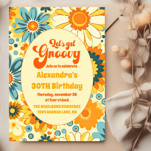 Convite Groovy Retro Hippie Floral Amarelo Laranja Anivers