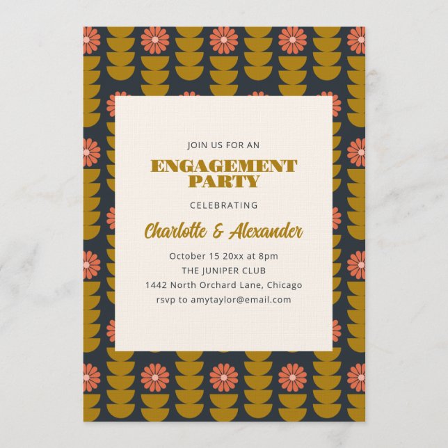Convite Groovy Retro Navy Blue Botanical Engagement Party  (Frente)