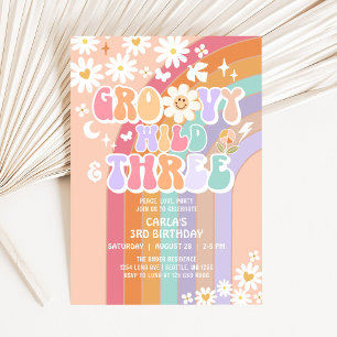 Convite Groovy Selvagem e Três Hippie Retro 3º Aniversário