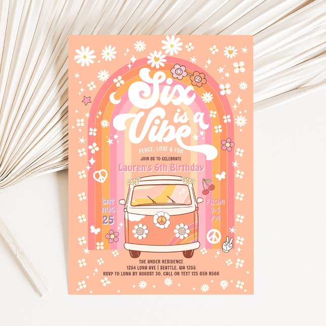 Convite Groovy Six é um Ônibus Vibe Van Aniversário de 6 a (Criador carregado)