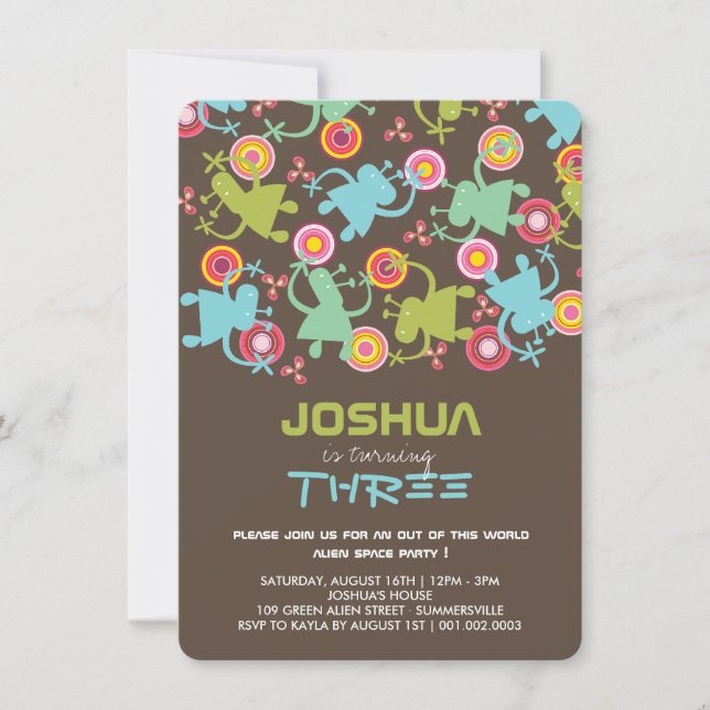 Convite Groovy Space Aliens Crianças Festa de aniversário (Frente)