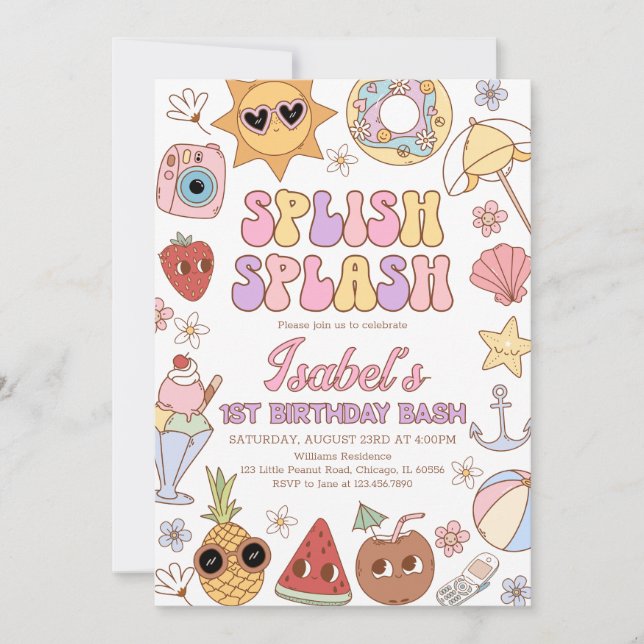 Convite Groovy Splash Beach Bash Birthday (Frente)