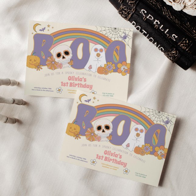 Convite Groovy Spooky Halloween Ghost Girl é Aniversário (Criador carregado)