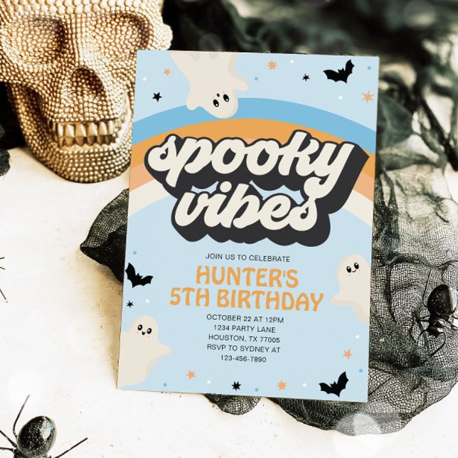 Convite Groovy Spooky Vibes Boy Halloween Aniversário (Criador carregado)