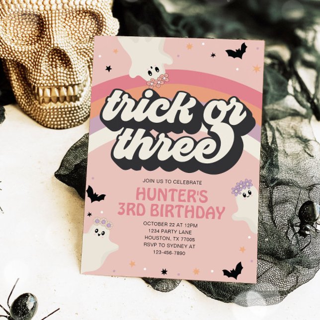 Convite Groovy Trick ou Três Garotas aniversário de 3 anos (Criador carregado)