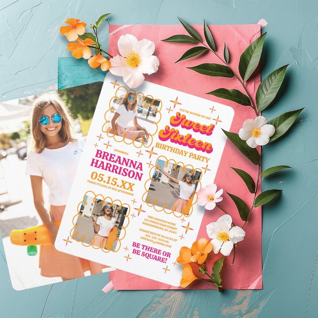 Convite Groovy Typografia Retro 70 Doce Dezesseis (Criador carregado)