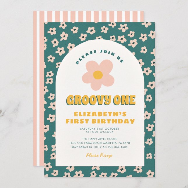 Convite Groovy Um Bebê Verde Floral Primeiro Aniversário (Criador carregado)