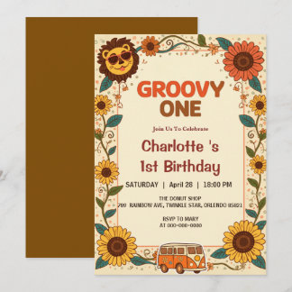Convite Groovy Um Leão Aniversário Retro 70s Primeiro Aniv