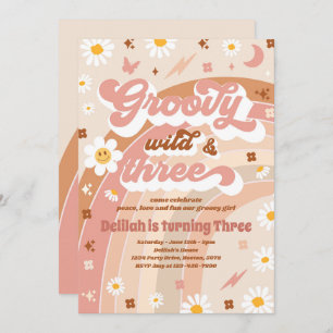 Convite Groovy Wild E Três aniversário de 3 anos Hippie