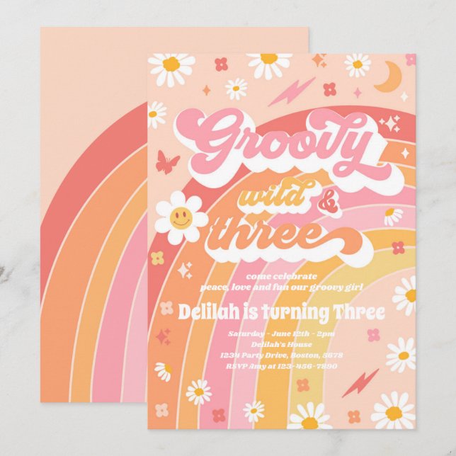 Convite Groovy Wild E Três aniversário de 3 anos Hippie (Frente/Verso)