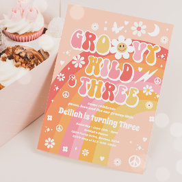 Convite Groovy Wild E Três aniversário de 3 anos Hippie