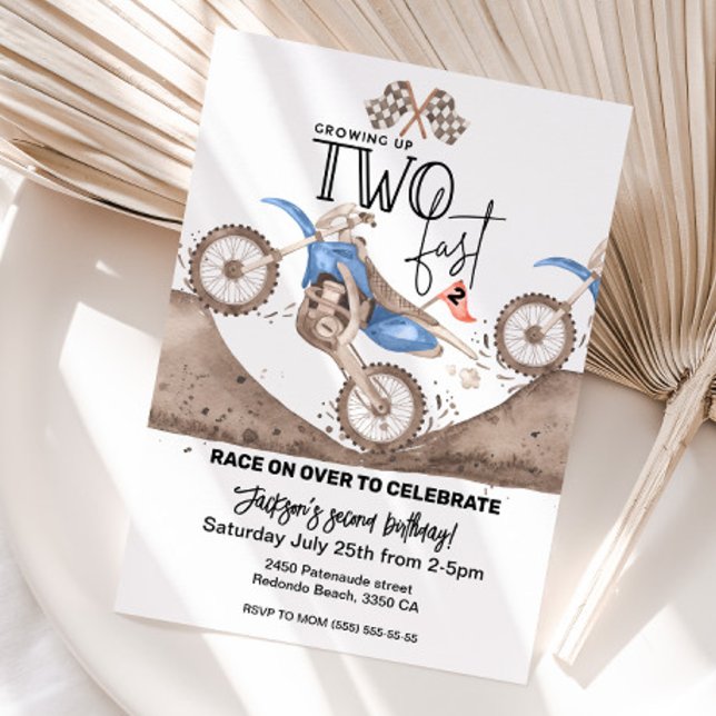 Convite Growing up TWO FAST Blue Dirt Bike 2nd birthday  (Blue dirt bike birthday invitation, second birthday TWO FAST)