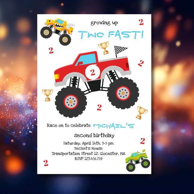 Convite Growing up two fast monster trucks boy birthday (Criador carregado)