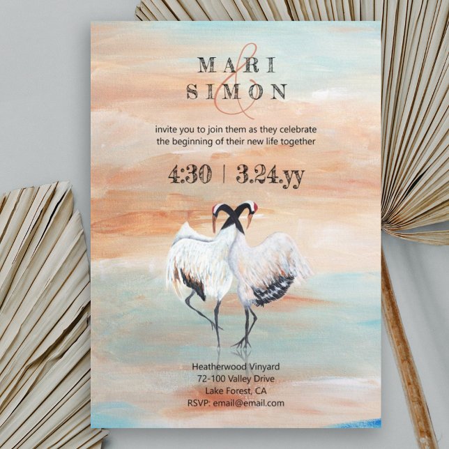 Convite Gruas Japonesas, Beige, Casamento Turquesa (japanese origami asian cranes sienna beige turquoise blue wedding invitations, nature 2 animals)