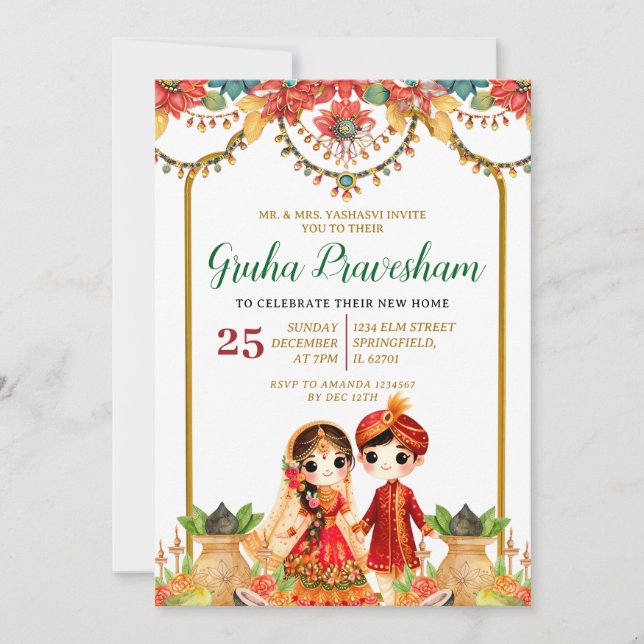 Convite Gruha Pravesh Indian Vastu Puja — Alerta domiciliá (Frente)